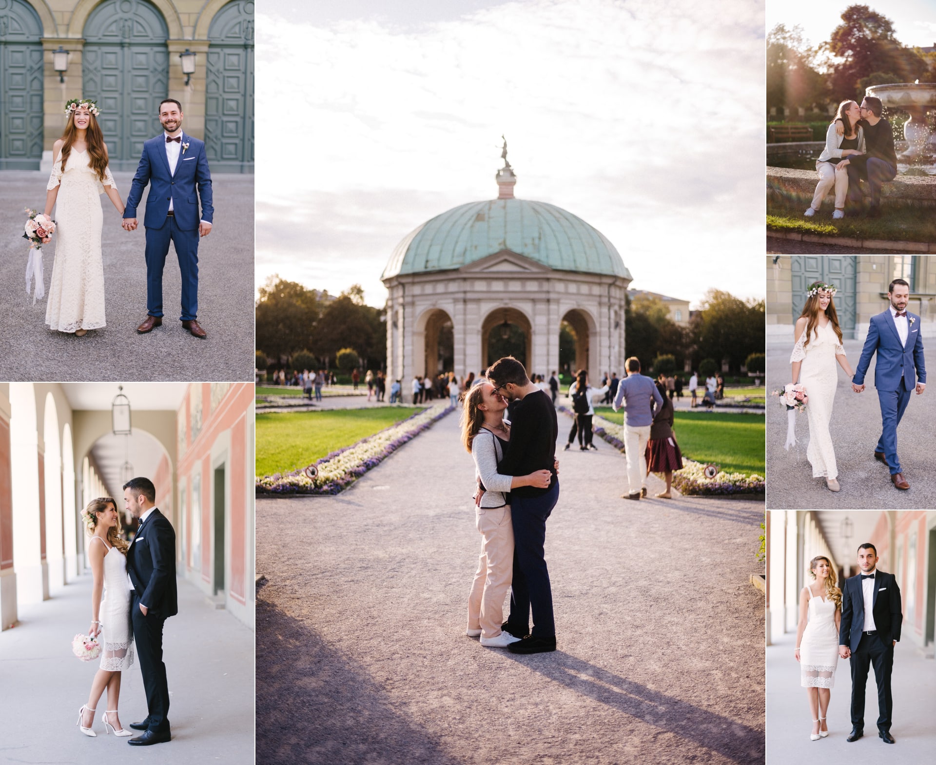 Hofgarten mit Brautpaaren. Kuss vor dem Pavillon, Paar küsst sich vor dem Brunnen im Hofgarten. Eines der besten Fotolocations für Hochzeitspaare in München.