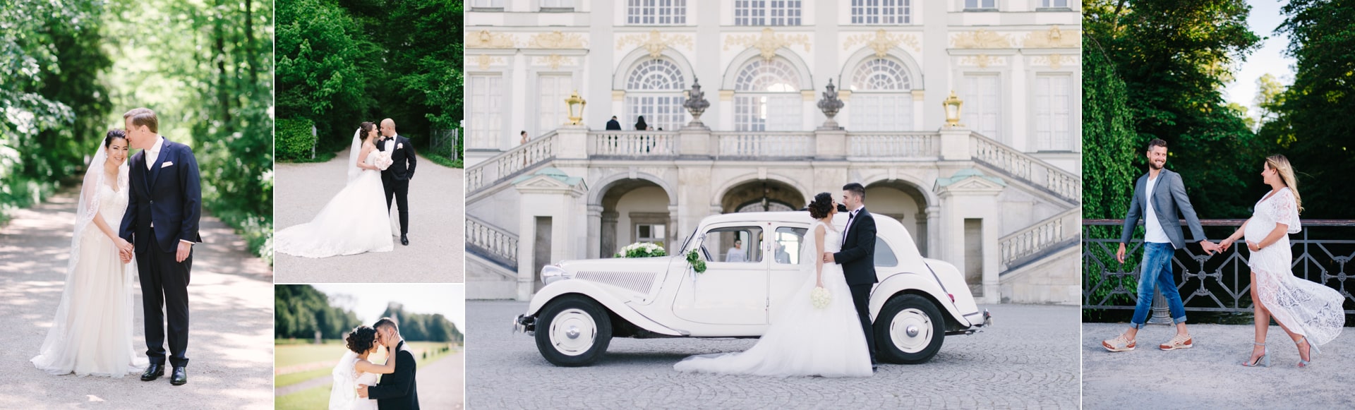 Hochzeitspaare am Schloss Nymphenburg. Diese Location ist die beliebteste bei Brautpaaren. Deshalb gehört sie zu den Münchens beste Fotolocations für Hochzeitspaare.